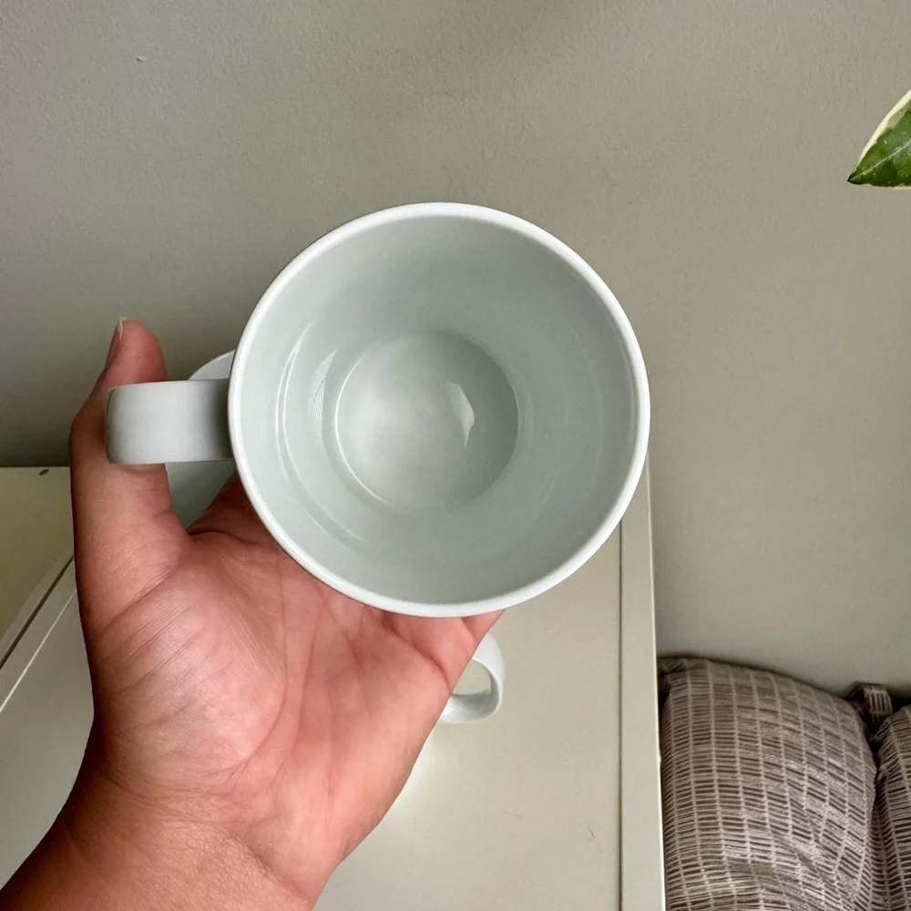 6 Brasserie by Crate & Barrel Porcelain Mugs White, Dark Blue Band, Pinstripe